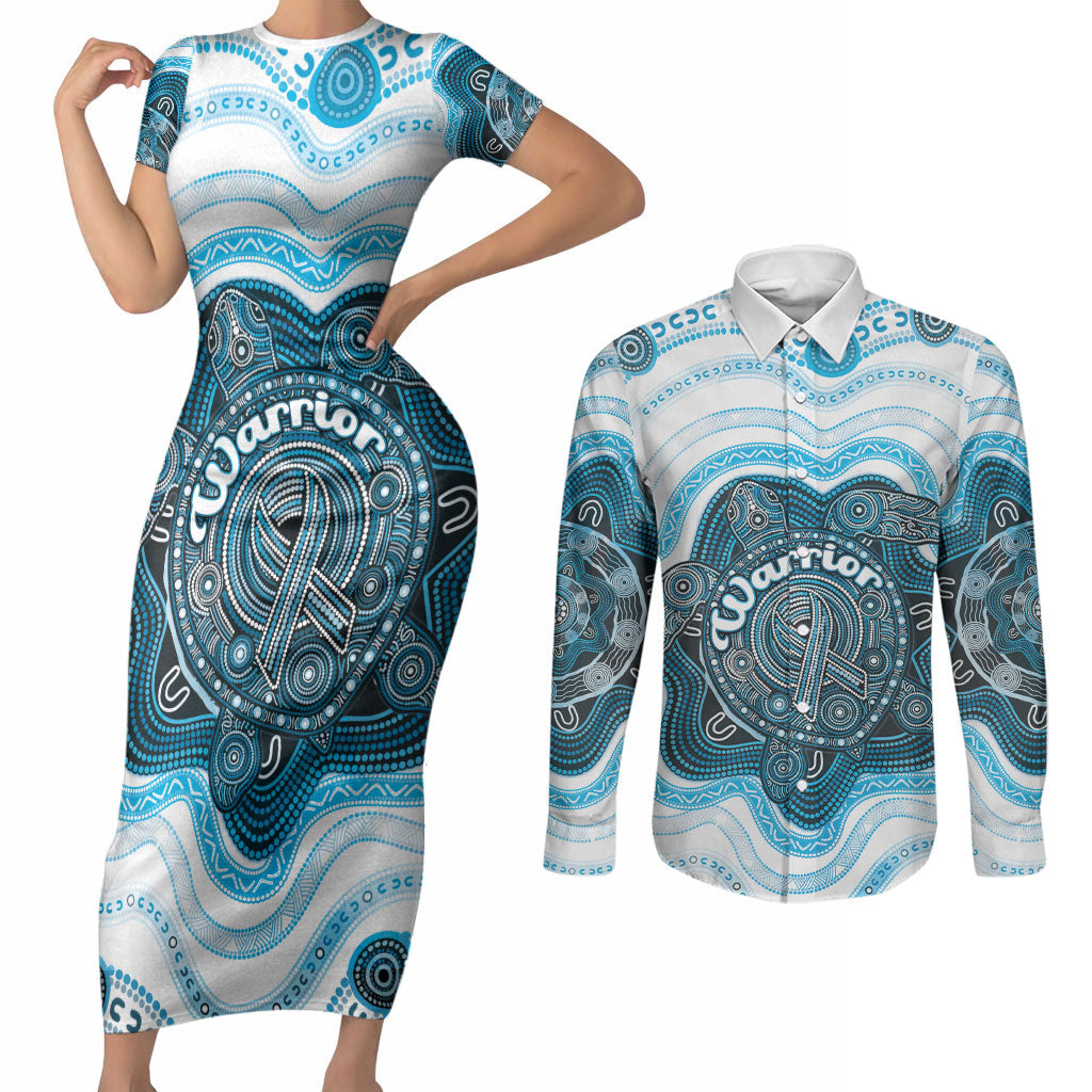 Personalised Prostate Cancer Awareness Month Couples Matching Short Sleeve Bodycon Dress and Long Sleeve Button Shirt Warrior Ribbon Turtle Dot Art Pattern