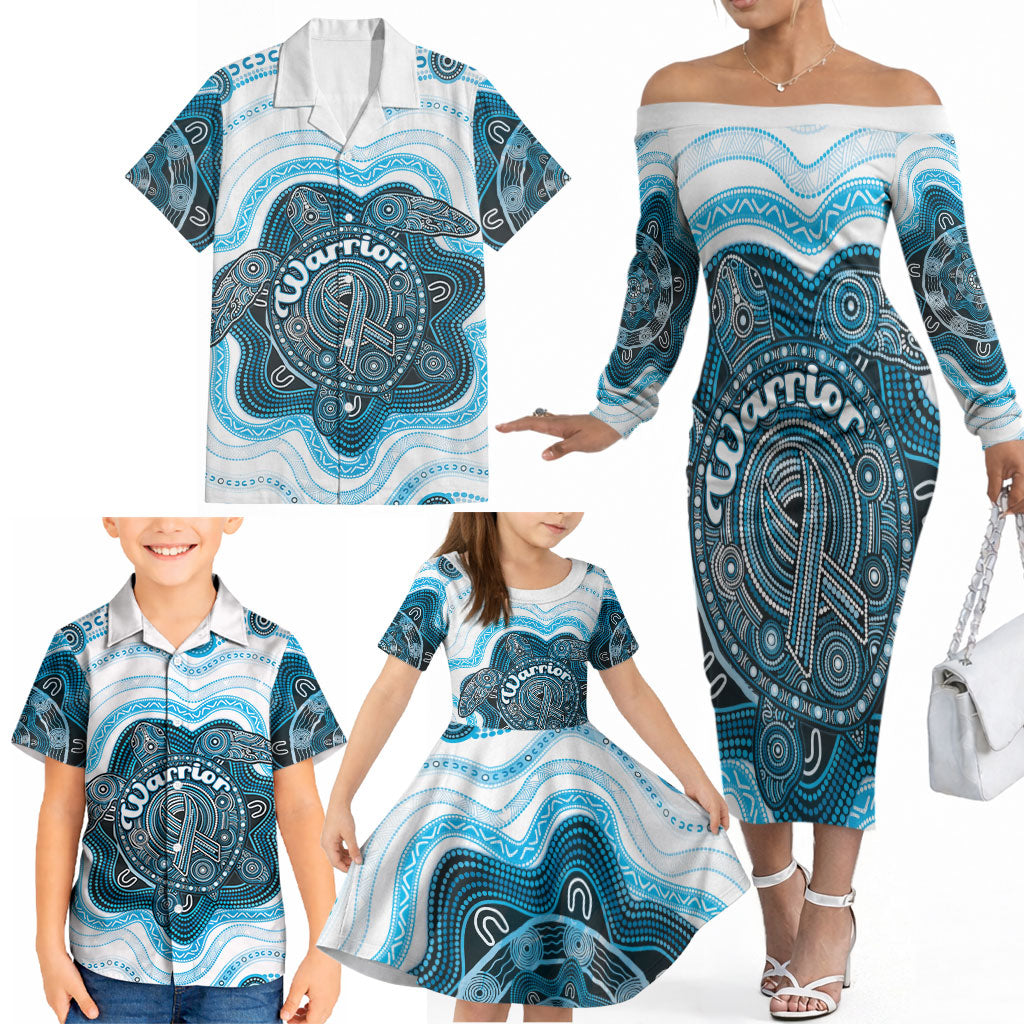 Personalised Prostate Cancer Awareness Month Family Matching Off The Shoulder Long Sleeve Dress and Hawaiian Shirt Warrior Ribbon Turtle Dot Art Pattern