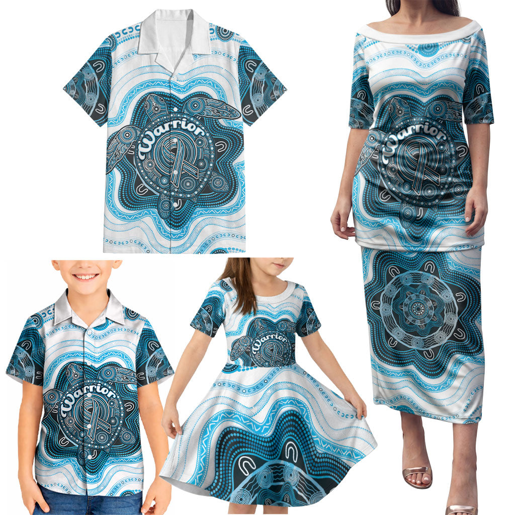 Personalised Prostate Cancer Awareness Month Family Matching Puletasi and Hawaiian Shirt Warrior Ribbon Turtle Dot Art Pattern