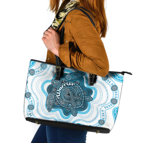 Prostate Cancer Awareness Month Leather Tote Bag Warrior Ribbon Turtle Dot Art Pattern