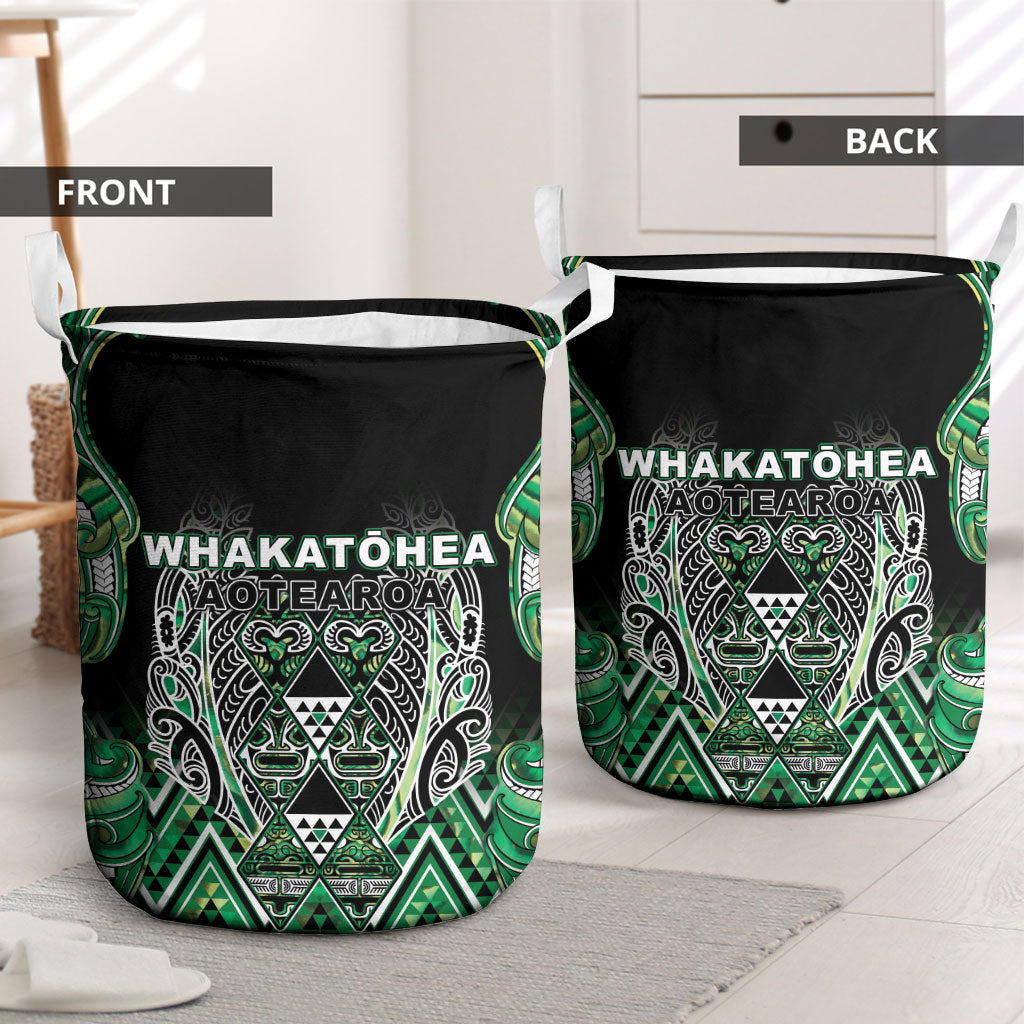 Aotearoa Whakatohea Laundry Basket Maori Tribal Green Abalone Paua Shell Pattern