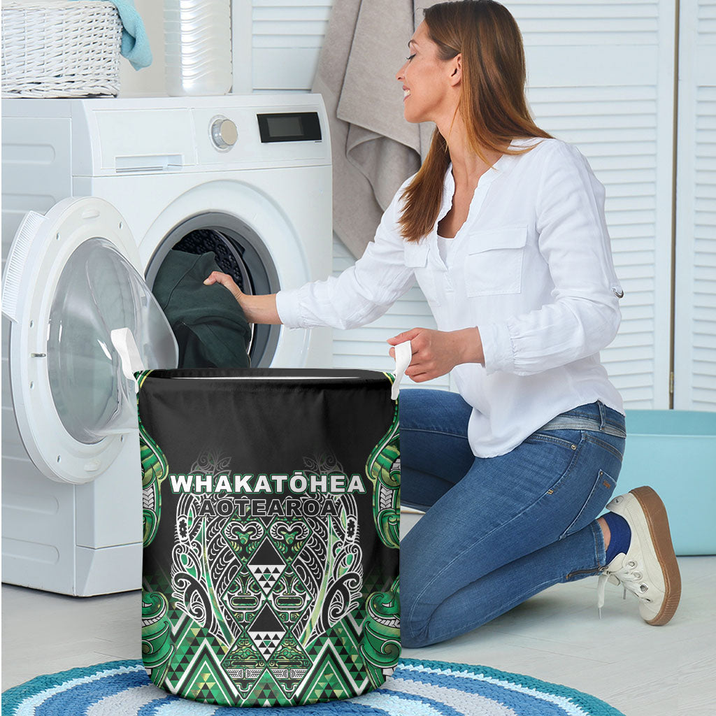 Aotearoa Whakatohea Laundry Basket Maori Tribal Green Abalone Paua Shell Pattern