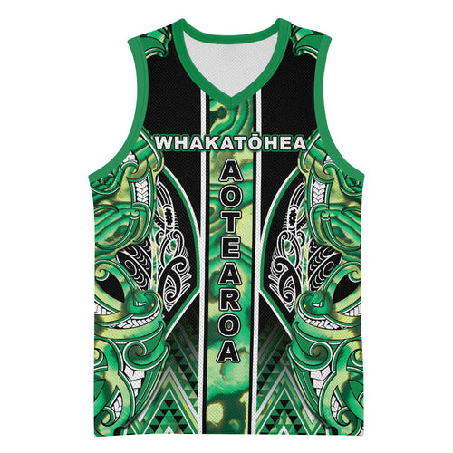 Aotearoa Whakatohea Basketball Jersey Maori Tribal Green Abalone Paua Shell Pattern