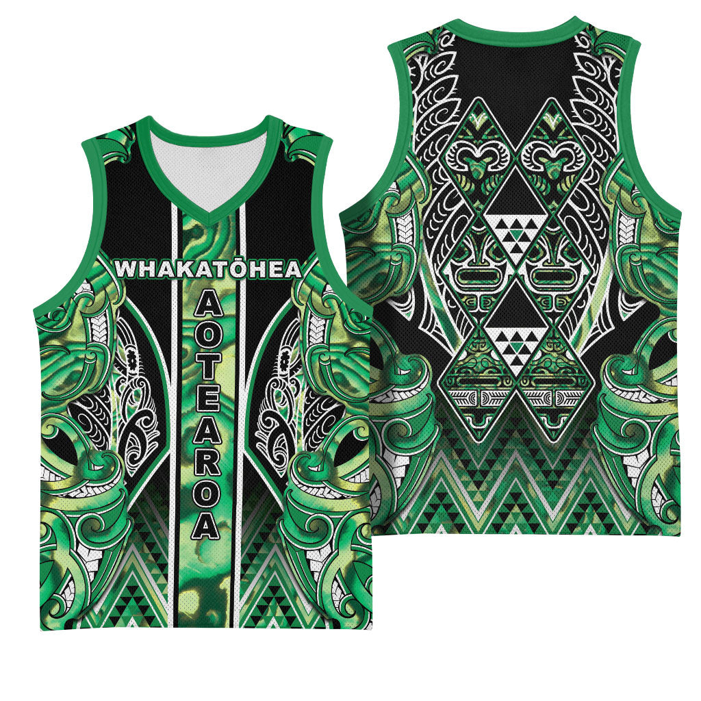 Aotearoa Whakatohea Basketball Jersey Maori Tribal Green Abalone Paua Shell Pattern