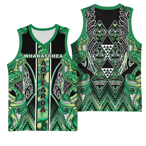 Aotearoa Whakatohea Basketball Jersey Maori Tribal Green Abalone Paua Shell Pattern