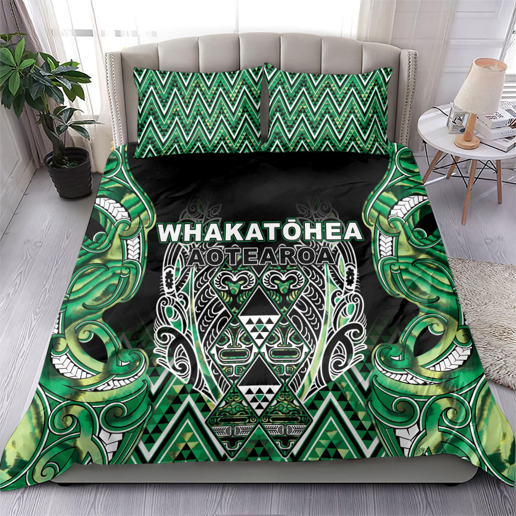 Aotearoa Whakatohea Bedding Set Maori Tribal Green Abalone Paua Shell Pattern