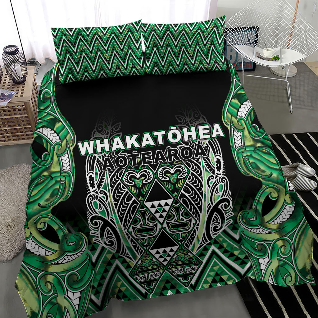 Aotearoa Whakatohea Bedding Set Maori Tribal Green Abalone Paua Shell Pattern