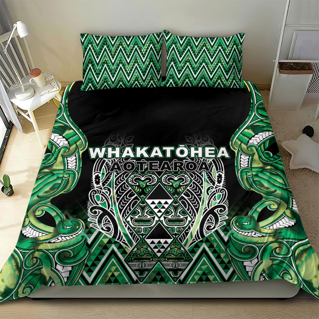Aotearoa Whakatohea Bedding Set Maori Tribal Green Abalone Paua Shell Pattern