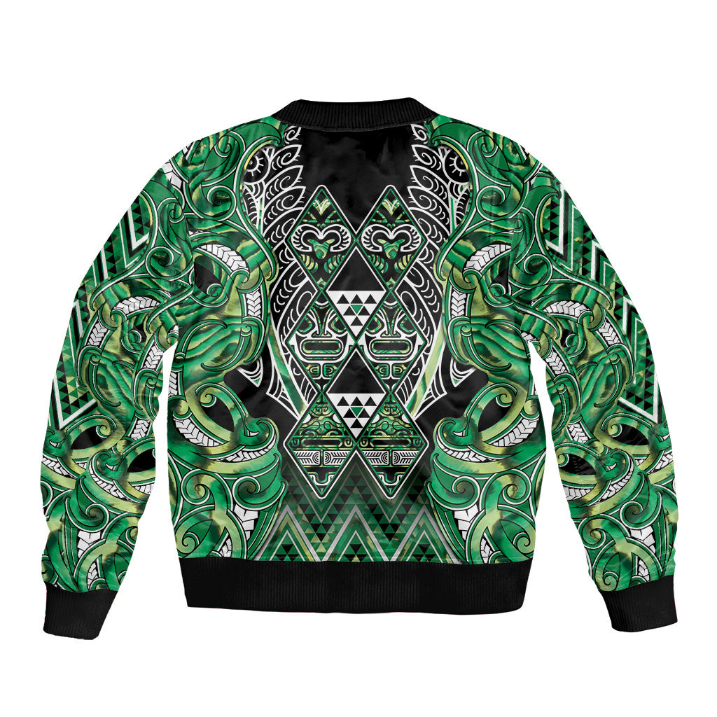 Aotearoa Whakatohea Bomber Jacket Maori Tribal Green Abalone Paua Shell Pattern
