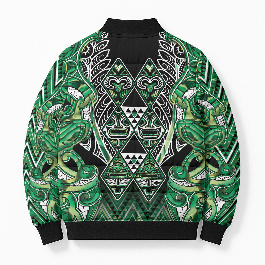 Aotearoa Whakatohea Bomber Puffer Jacket Maori Tribal Green Abalone Paua Shell Pattern