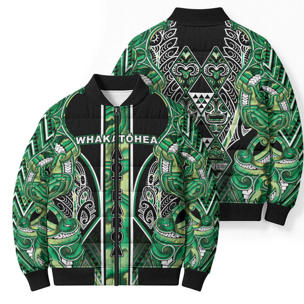 Aotearoa Whakatohea Bomber Puffer Jacket Maori Tribal Green Abalone Paua Shell Pattern