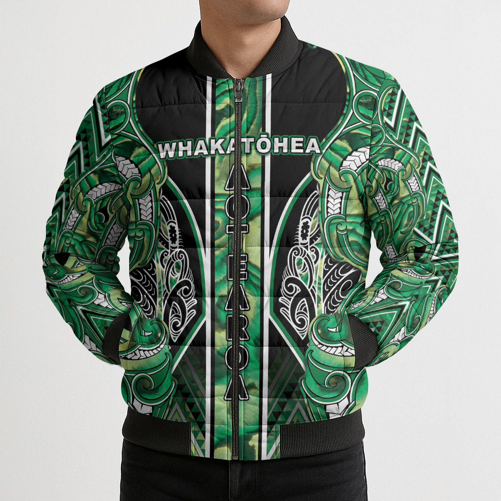 Aotearoa Whakatohea Bomber Puffer Jacket Maori Tribal Green Abalone Paua Shell Pattern