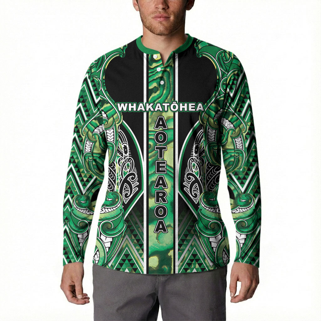 Aotearoa Whakatohea Button Sweatshirt Maori Tribal Green Abalone Paua Shell Pattern