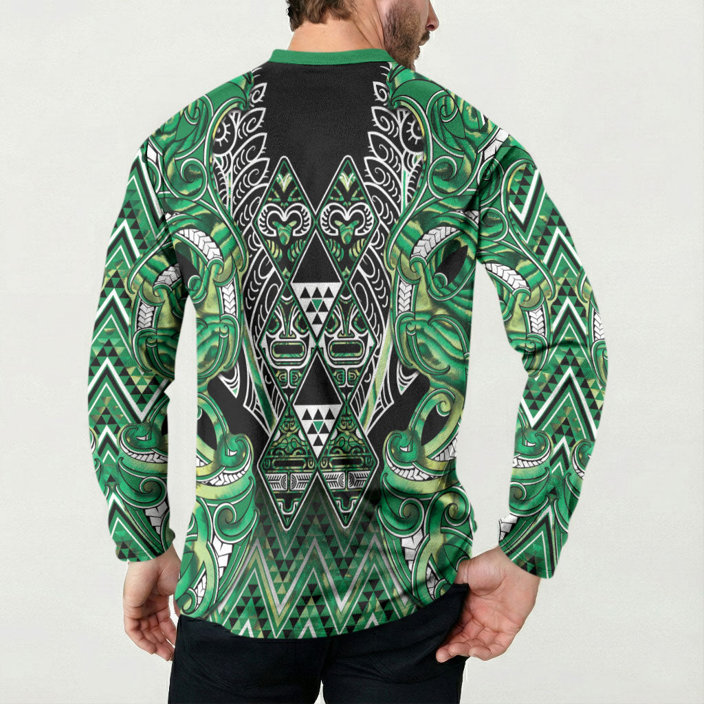 Aotearoa Whakatohea Button Sweatshirt Maori Tribal Green Abalone Paua Shell Pattern