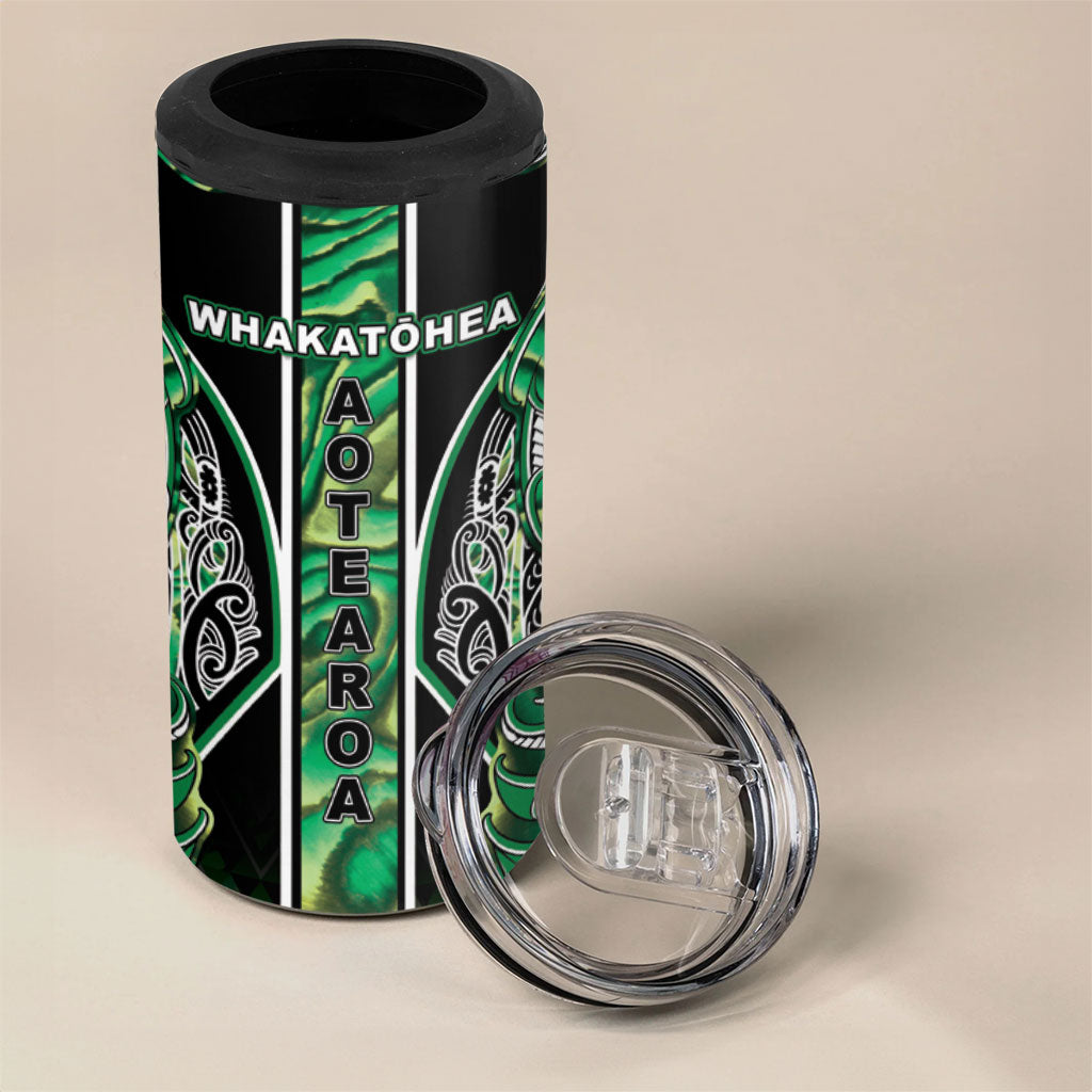 Aotearoa Whakatohea 4 in 1 Can Cooler Tumbler Maori Tribal Green Abalone Paua Shell Pattern