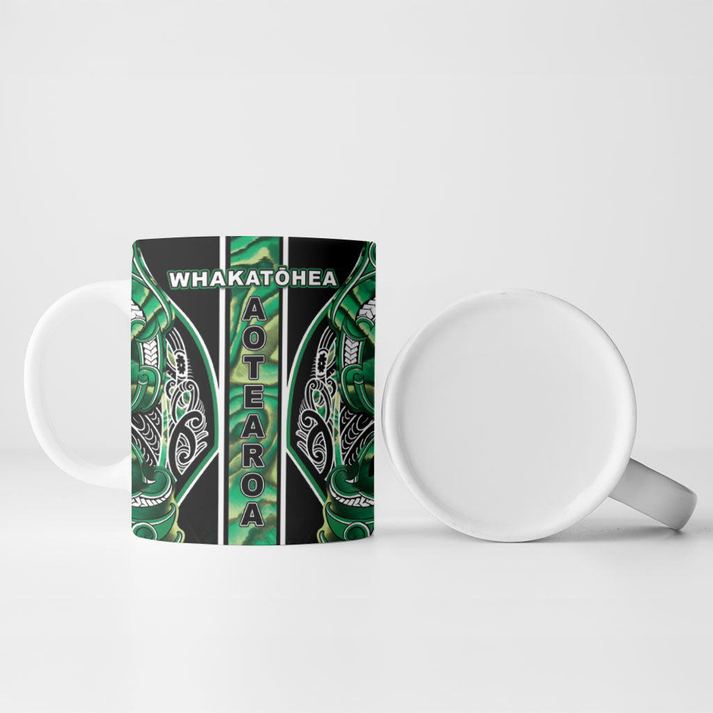 Aotearoa Whakatohea Ceramic Mug Maori Tribal Green Abalone Paua Shell Pattern