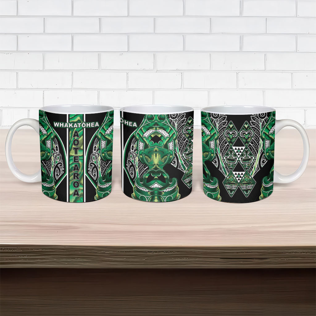 Aotearoa Whakatohea Ceramic Mug Maori Tribal Green Abalone Paua Shell Pattern