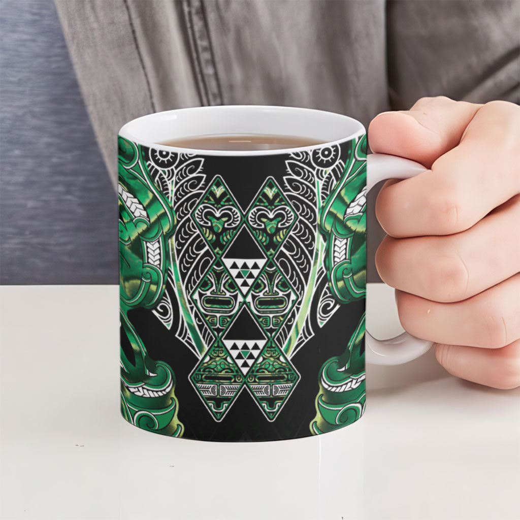 Aotearoa Whakatohea Ceramic Mug Maori Tribal Green Abalone Paua Shell Pattern