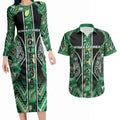 Aotearoa Whakatohea Couples Matching Long Sleeve Bodycon Dress and Hawaiian Shirt Maori Tribal Green Abalone Paua Shell Pattern