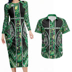 Aotearoa Whakatohea Couples Matching Long Sleeve Bodycon Dress and Hawaiian Shirt Maori Tribal Green Abalone Paua Shell Pattern