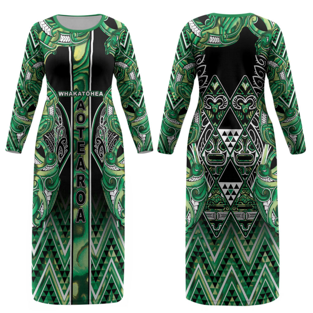 Aotearoa Whakatohea Couples Matching Long Sleeve Bodycon Dress and Hawaiian Shirt Maori Tribal Green Abalone Paua Shell Pattern