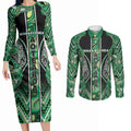 Aotearoa Whakatohea Couples Matching Long Sleeve Bodycon Dress and Long Sleeve Button Shirt Maori Tribal Green Abalone Paua Shell Pattern