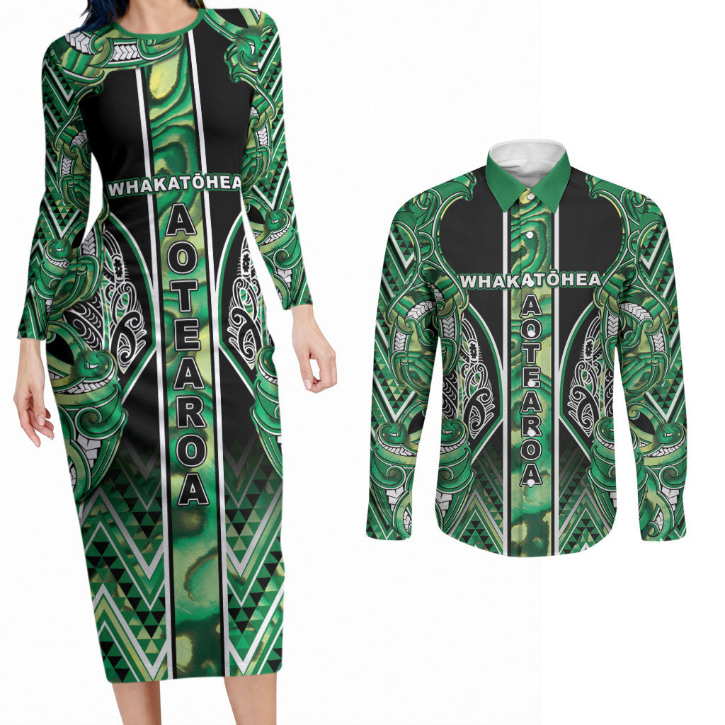 Aotearoa Whakatohea Couples Matching Long Sleeve Bodycon Dress and Long Sleeve Button Shirt Maori Tribal Green Abalone Paua Shell Pattern