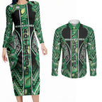 Aotearoa Whakatohea Couples Matching Long Sleeve Bodycon Dress and Long Sleeve Button Shirt Maori Tribal Green Abalone Paua Shell Pattern