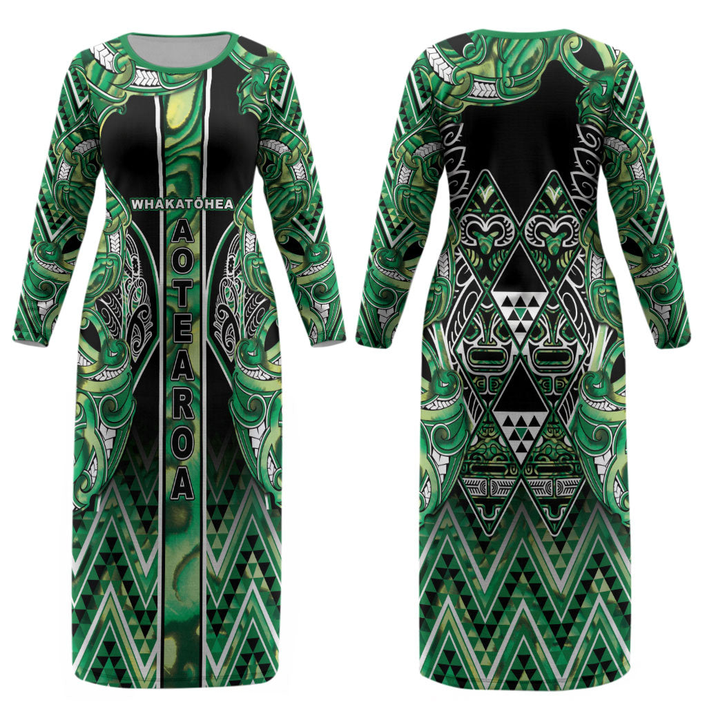 Aotearoa Whakatohea Couples Matching Long Sleeve Bodycon Dress and Long Sleeve Button Shirt Maori Tribal Green Abalone Paua Shell Pattern