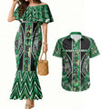 Aotearoa Whakatohea Couples Matching Mermaid Dress and Hawaiian Shirt Maori Tribal Green Abalone Paua Shell Pattern