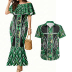Aotearoa Whakatohea Couples Matching Mermaid Dress and Hawaiian Shirt Maori Tribal Green Abalone Paua Shell Pattern