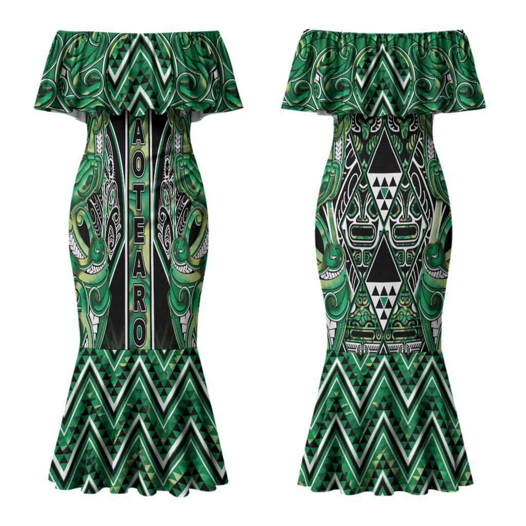 Aotearoa Whakatohea Couples Matching Mermaid Dress and Hawaiian Shirt Maori Tribal Green Abalone Paua Shell Pattern