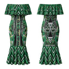 Aotearoa Whakatohea Couples Matching Mermaid Dress and Hawaiian Shirt Maori Tribal Green Abalone Paua Shell Pattern
