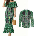 Aotearoa Whakatohea Couples Matching Mermaid Dress and Long Sleeve Button Shirt Maori Tribal Green Abalone Paua Shell Pattern
