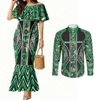 Aotearoa Whakatohea Couples Matching Mermaid Dress and Long Sleeve Button Shirt Maori Tribal Green Abalone Paua Shell Pattern