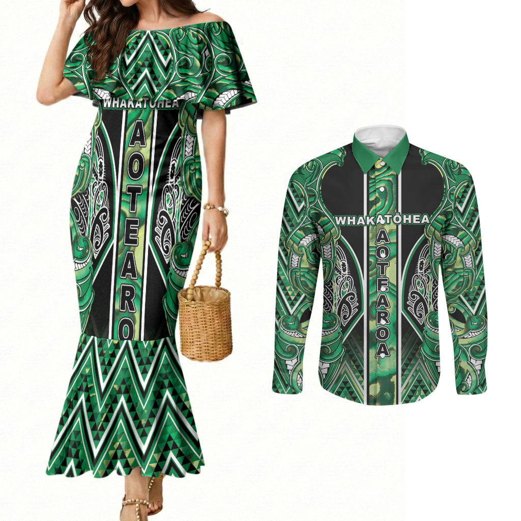 Aotearoa Whakatohea Couples Matching Mermaid Dress and Long Sleeve Button Shirt Maori Tribal Green Abalone Paua Shell Pattern