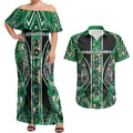 Aotearoa Whakatohea Couples Matching Off Shoulder Maxi Dress and Hawaiian Shirt Maori Tribal Green Abalone Paua Shell Pattern