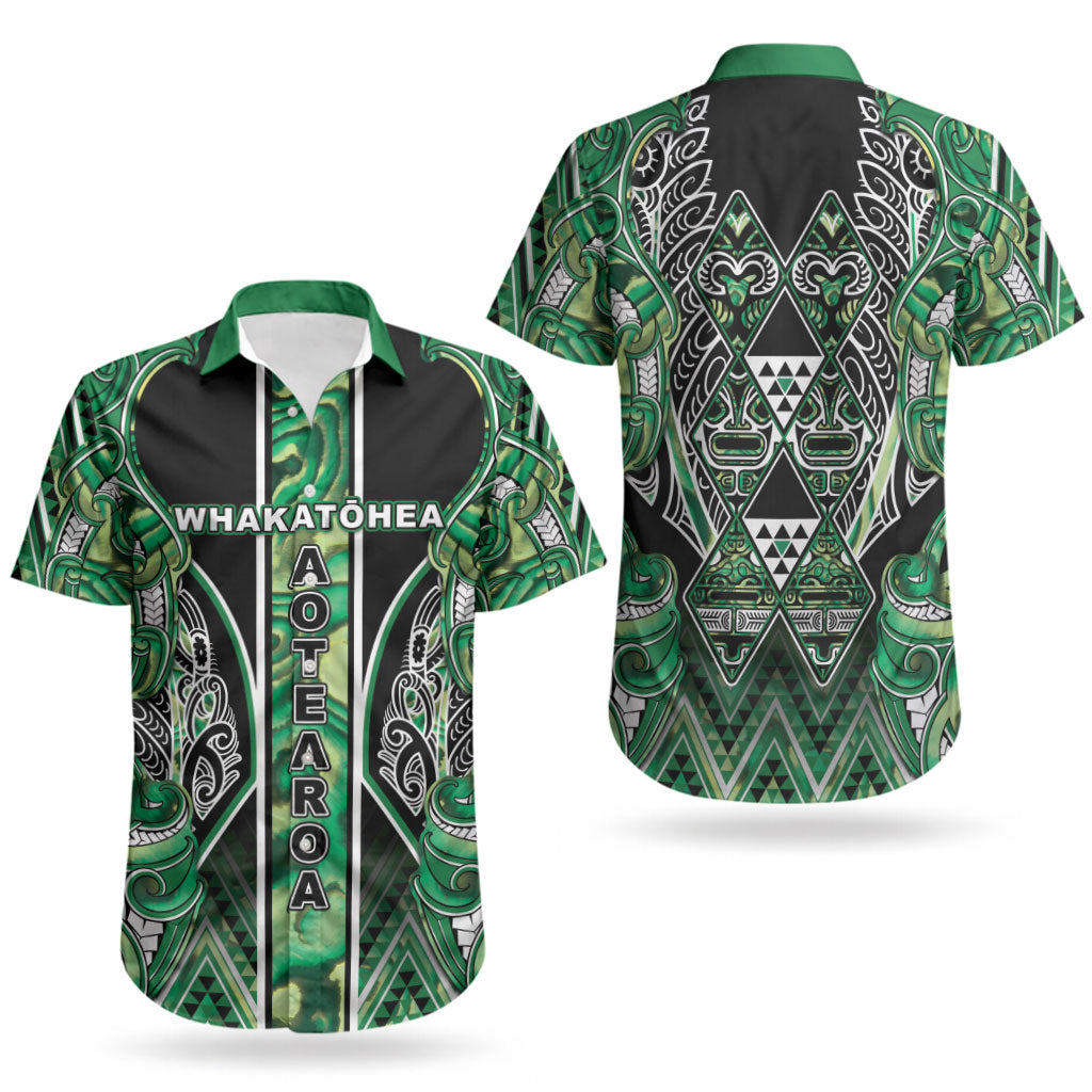 Aotearoa Whakatohea Couples Matching Off Shoulder Maxi Dress and Hawaiian Shirt Maori Tribal Green Abalone Paua Shell Pattern