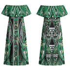 Aotearoa Whakatohea Couples Matching Off Shoulder Maxi Dress and Hawaiian Shirt Maori Tribal Green Abalone Paua Shell Pattern