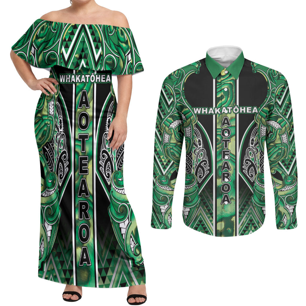 Aotearoa Whakatohea Couples Matching Off Shoulder Maxi Dress and Long Sleeve Button Shirt Maori Tribal Green Abalone Paua Shell Pattern