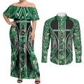 Aotearoa Whakatohea Couples Matching Off Shoulder Maxi Dress and Long Sleeve Button Shirt Maori Tribal Green Abalone Paua Shell Pattern