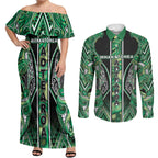 Aotearoa Whakatohea Couples Matching Off Shoulder Maxi Dress and Long Sleeve Button Shirt Maori Tribal Green Abalone Paua Shell Pattern