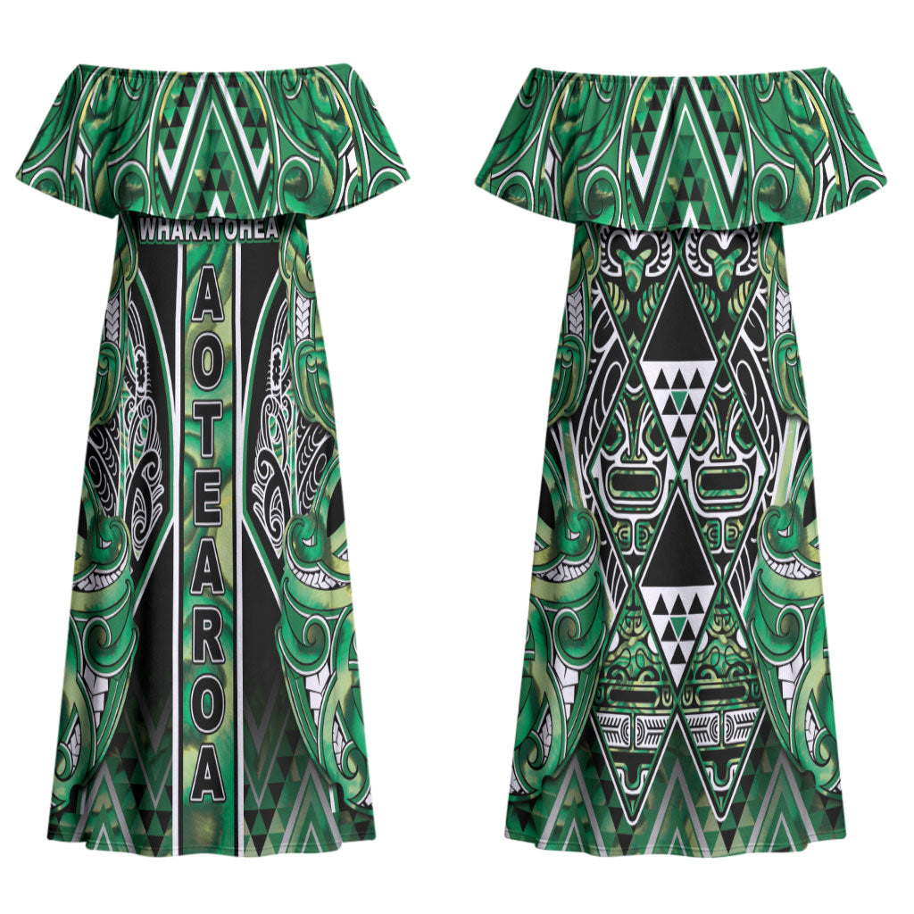 Aotearoa Whakatohea Couples Matching Off Shoulder Maxi Dress and Long Sleeve Button Shirt Maori Tribal Green Abalone Paua Shell Pattern