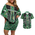 Aotearoa Whakatohea Couples Matching Off Shoulder Short Dress and Hawaiian Shirt Maori Tribal Green Abalone Paua Shell Pattern
