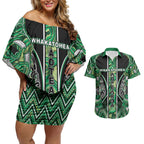 Aotearoa Whakatohea Couples Matching Off Shoulder Short Dress and Hawaiian Shirt Maori Tribal Green Abalone Paua Shell Pattern