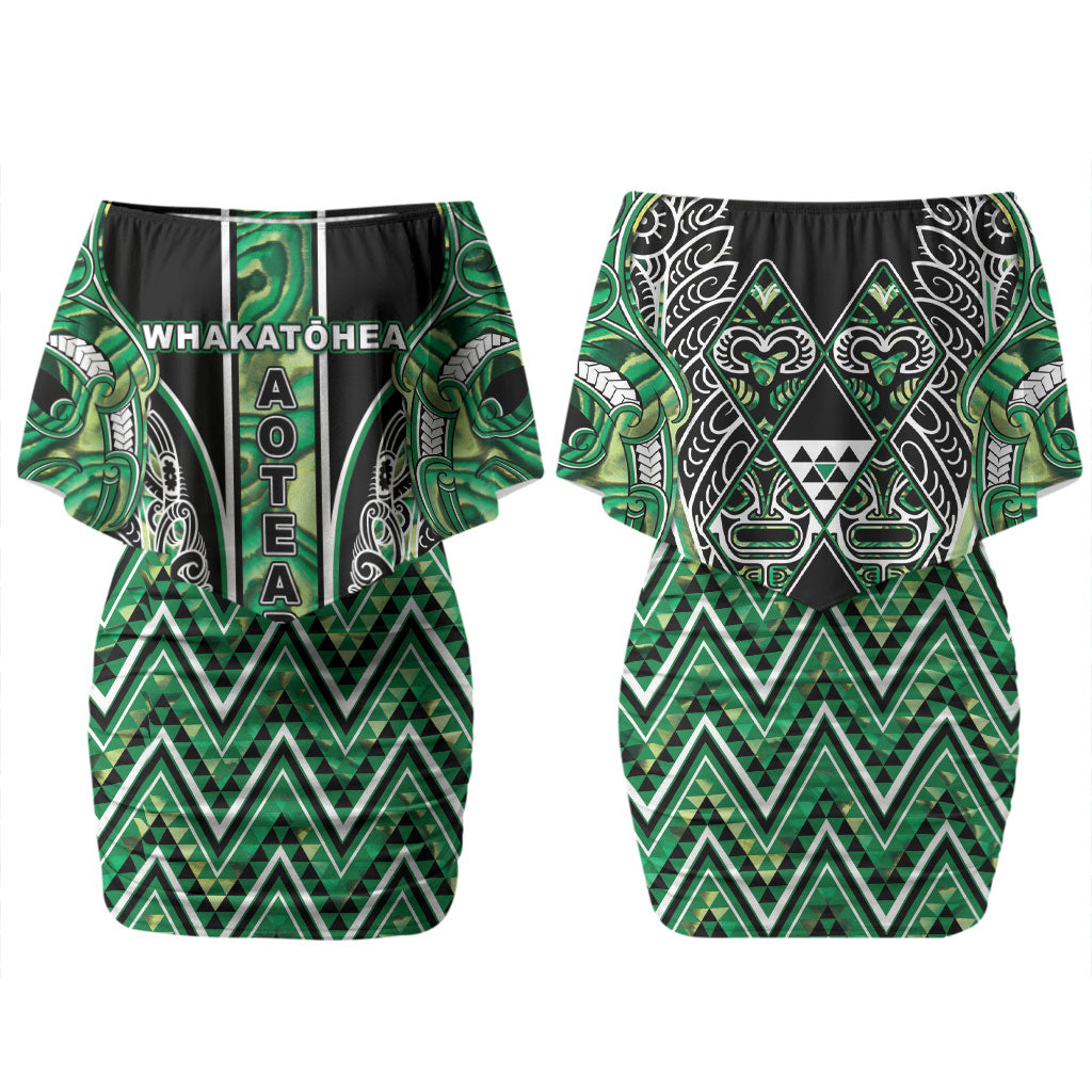 Aotearoa Whakatohea Couples Matching Off Shoulder Short Dress and Hawaiian Shirt Maori Tribal Green Abalone Paua Shell Pattern