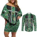 Aotearoa Whakatohea Couples Matching Off Shoulder Short Dress and Long Sleeve Button Shirt Maori Tribal Green Abalone Paua Shell Pattern