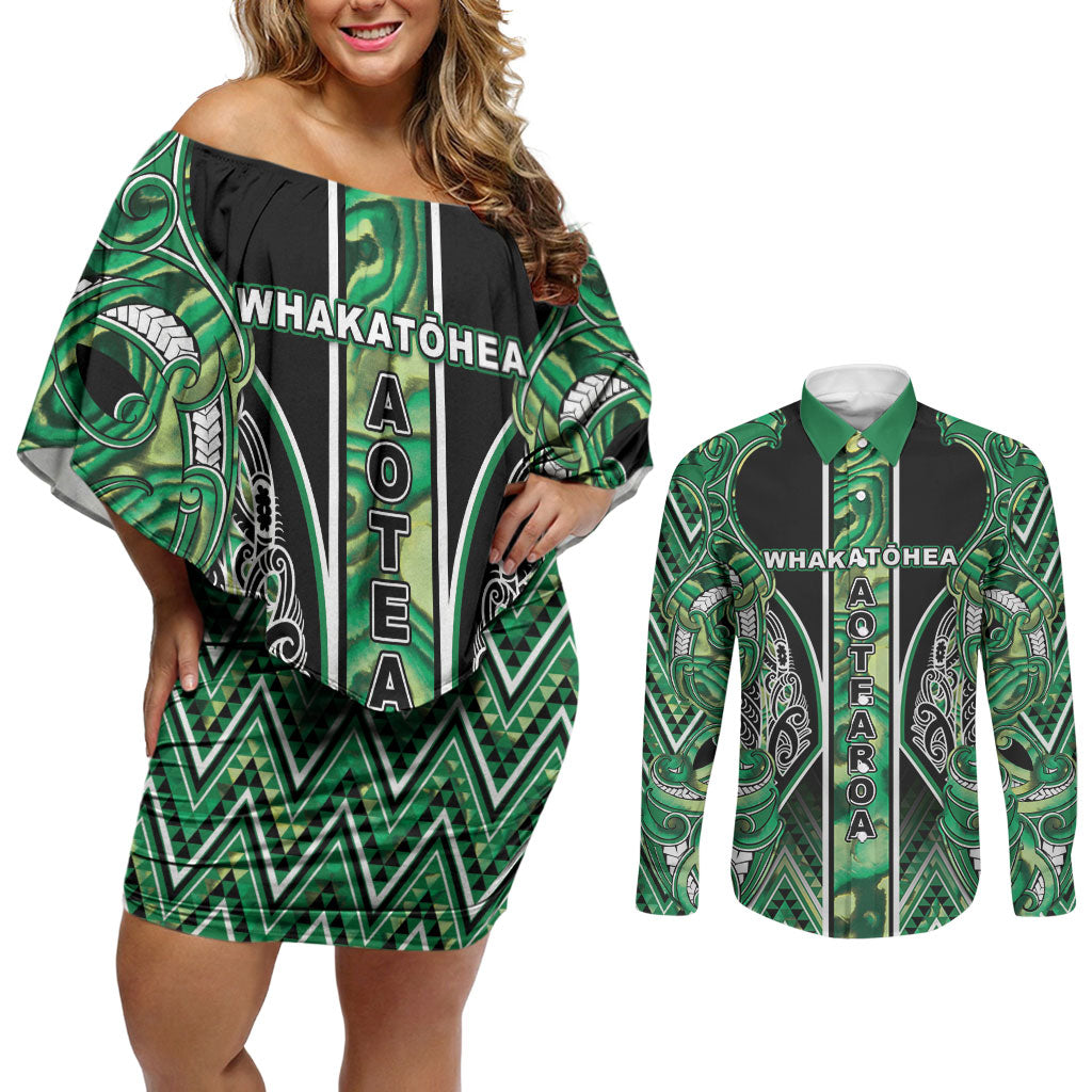 Aotearoa Whakatohea Couples Matching Off Shoulder Short Dress and Long Sleeve Button Shirt Maori Tribal Green Abalone Paua Shell Pattern