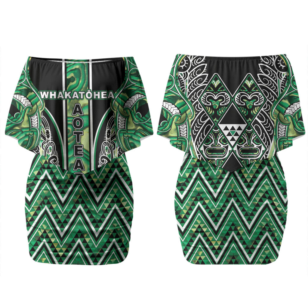 Aotearoa Whakatohea Couples Matching Off Shoulder Short Dress and Long Sleeve Button Shirt Maori Tribal Green Abalone Paua Shell Pattern