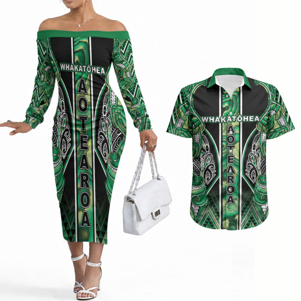Aotearoa Whakatohea Couples Matching Off The Shoulder Long Sleeve Dress and Hawaiian Shirt Maori Tribal Green Abalone Paua Shell Pattern